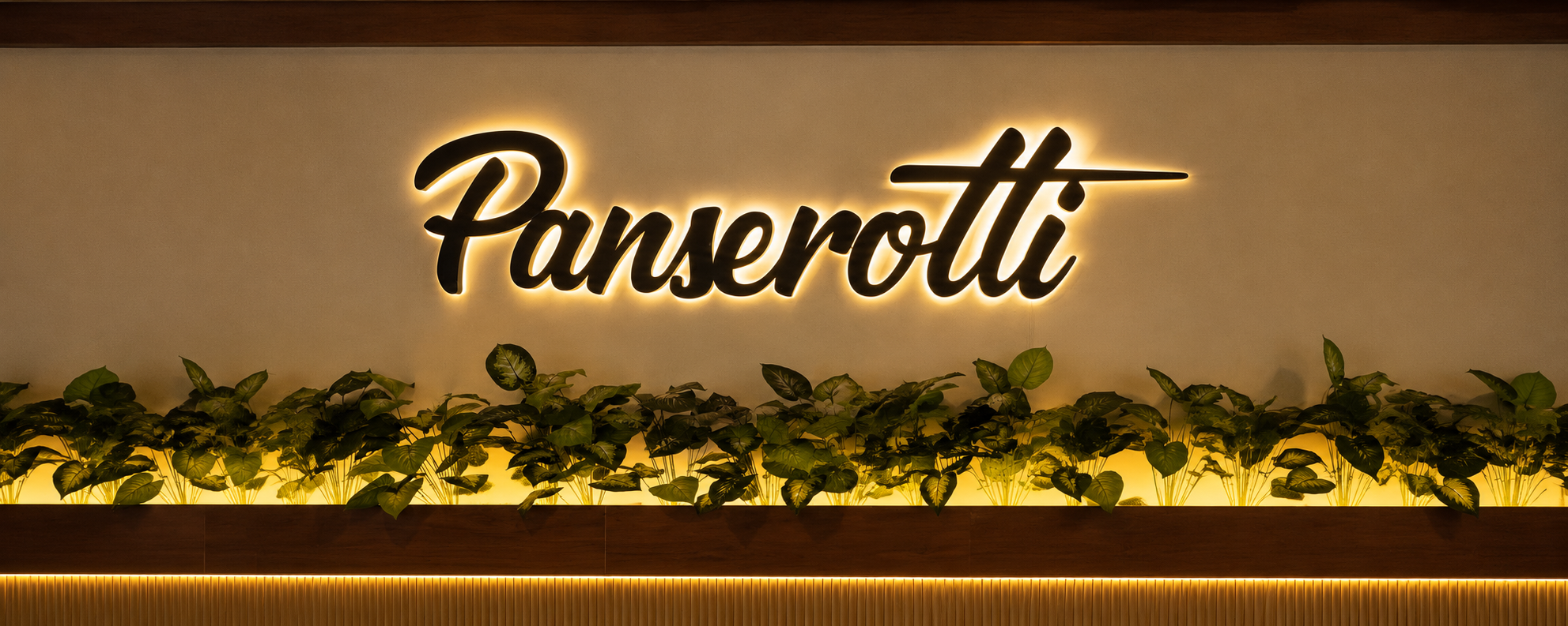 Panserotti local y letrero iluminado